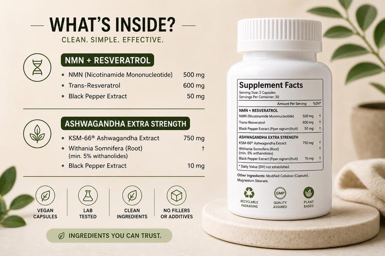 May include: A white supplement bottle with a detailed label listing ingredients like NMN, Resveratrol, and Ashwagandha. The label also includes serving sizes and amounts in milligrams. The text "What's Inside?" is at the top.