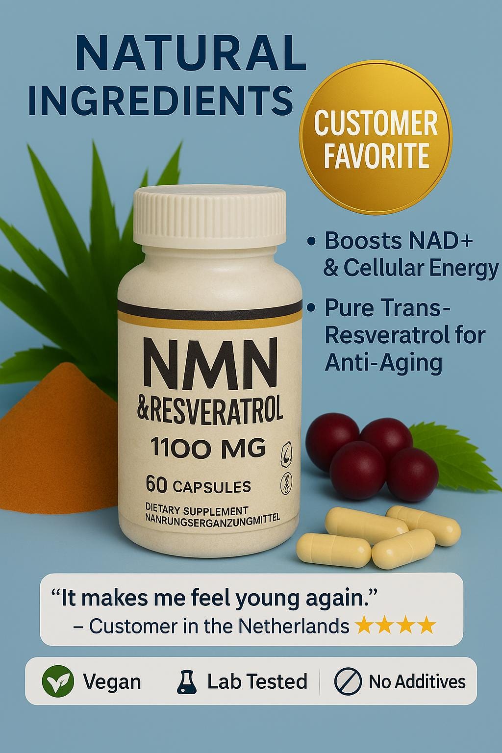 Integratore di NMN e Resveratrolo – 1100 mg – NAD+ Booster – Anti-invecchiamento – Riparazione Energetica delle Cellule – 60 Capsule Vegane – Scorta per 30 Giorni