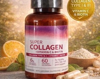 Super Collagen + Vitamin C & Biotin | 360 Tablets | Types 1 and 3 | Keto and Gluten Free | High Quality Wellness Supplement – 60 Day Supply