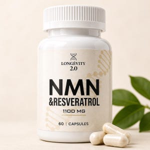 Op de afbeelding: Een witte fles Longevity 2.0 NMN & Resveratrol capsules. De fles heeft een witte dop en een beige etiket met zwarte tekst: "NMN & Resveratrol 1100 MG". De fles bevat 60 capsules. Drie capsules liggen voor de fles.