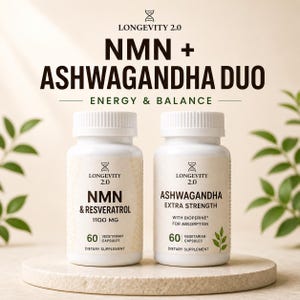 May include: Two white supplement bottles labeled "NMN & Resveratrol" and "Ashwagandha Extra Strength" with text "Energy & Balance." Each bottle contains 60 vegetarian capsules and is a dietary supplement.