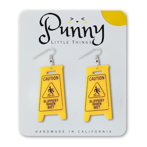Slippery When Wet Earrings // Caution Sign Earrings // Funny Statement Earrings // Quirky Earrings // Weirdcore Jewelry // Meme Earrings