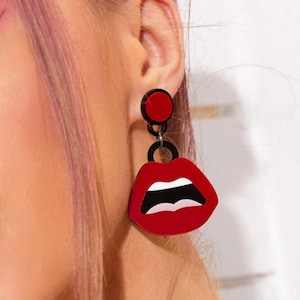 Red Lips Drop Earrings // Pop Art Jewelry // Bold Statement Earrings // Funky Retro Acrylic // Sassy Girl Gift // Comic Aesthetic Earrings
