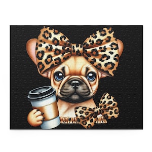 Puzzle, French Bulldog Leopard Bow Coffee Jigsaw 120 252 500-Piece, Fun Activity Gift, Brain Teaser Game, Animal Lover Present, Relaxing