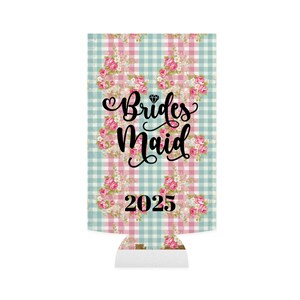 Personalized Bridesmaid Slim Can Cooler, Wedding Favor, Bridal Party Gift, Floral Drink Sleeve, Summer Party Accessory,Gingham