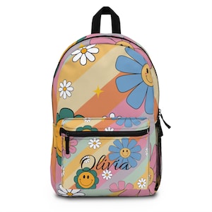 Kids Backpack | floral backpack, flower print, smiley face, retro bag, trendy backpack, personalized backpack