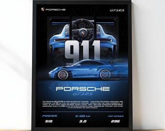 Porsche 911 GT3 RS Poster | Luxury Sports Car Wall Art, Racing Car Print for Garage, Office, Man Cave, Motorsport Enthusiasts, electric blue