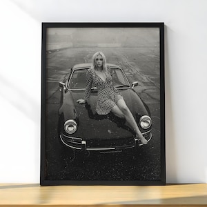 Vintage Porsche 911 Poster – Black & White Retro Car Wall Art – 70s Fashion Photo Print – Classic Auto Decor for Garage, Elegant woman print