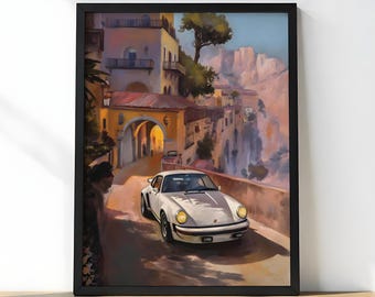 Vintage Porsche 911 Poster, Oil Painting Style Car Wall Art, Classic Retro Auto Print, Coastal Sunset Porsche Artwork, Man Cave Car Decor