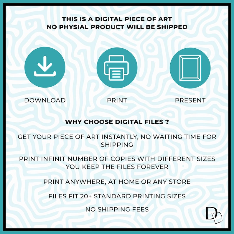 May include: Digital art graphic with teal icons for download, print, and present. Text states "This is a digital piece of art, no physical product will be shipped." Additional text explains the benefits of digital files.