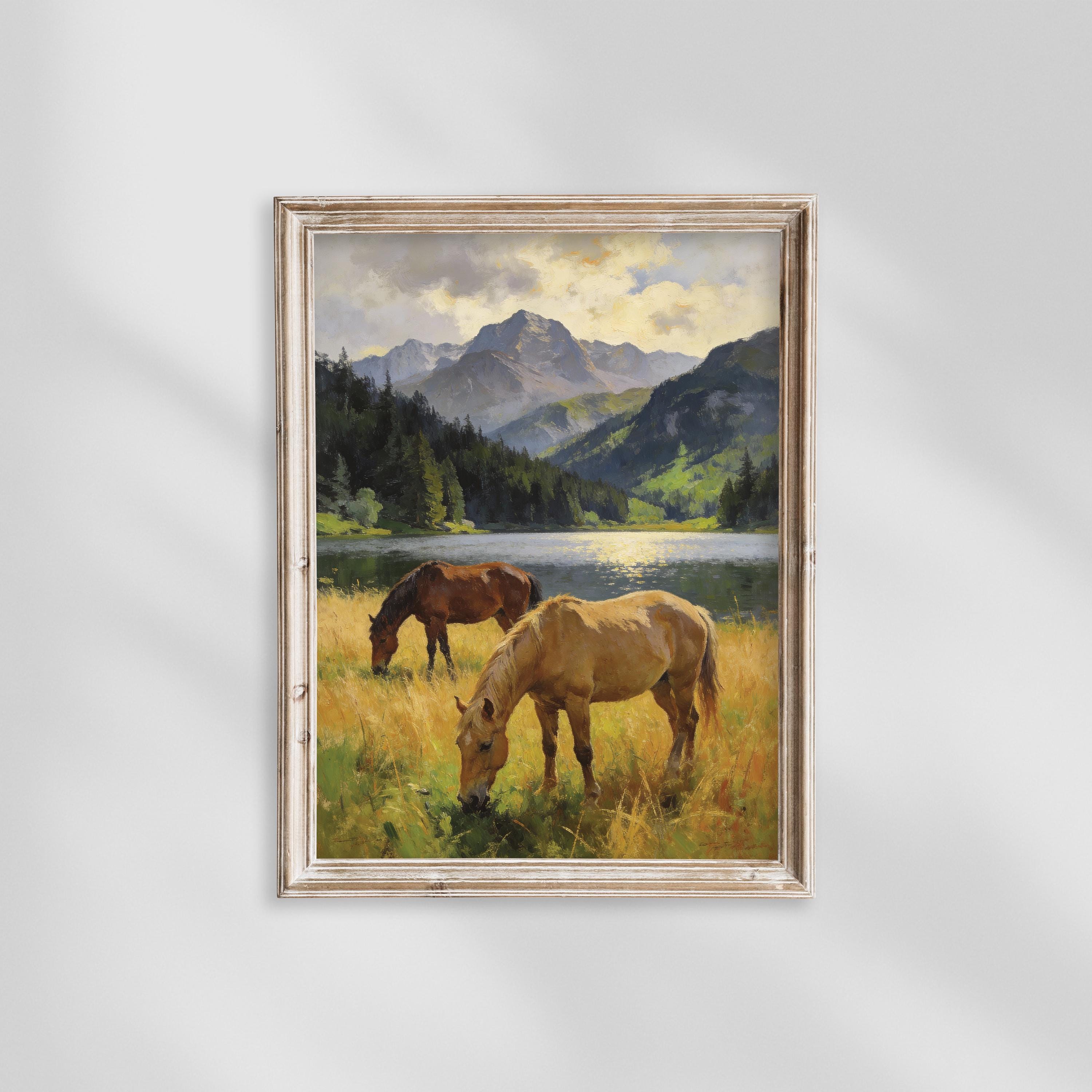 ヴィンテージ風の山岳湖の壁アート、馬の風景画プリント、アルプスの
