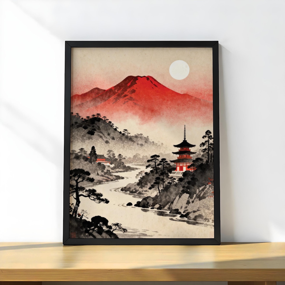 Red Mount Fuji Poster | Japanese Landscape Wall Art | Zen Ink Painting ...