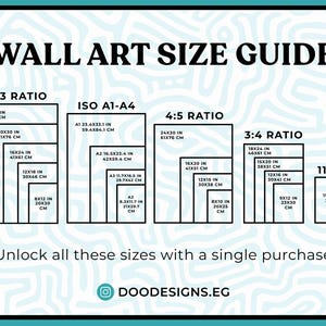 May include: Wall art size guide with dimensions in inches and centimeters. Includes 2:3, ISO A1-A4, 4:5, 3:4, and 11x14 ratios. The guide shows various sizes, such as 24x36 inches (61x91 cm) and 20x30 inches (51x76 cm).
