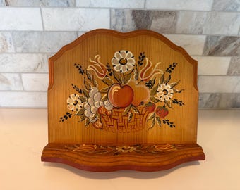 Handmade Mid Century Wooden Cookbook Stand | Folk Art Hand-Painted Pine Recipe Holder | Vintage 1960s Kitchen Decor | Rustic Book Rest