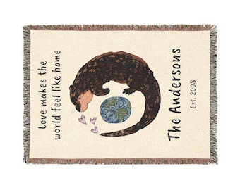 Sleeping Otter Holding Earth Woven Blanket | Nature Animal Throw