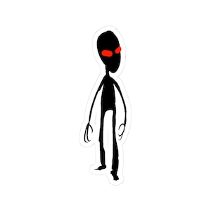 May include: A black sticker depicting a minimalist alien-like figure. The figure has a slender body, long arms with claw-like hands, and a large head with glowing red eyes. The sticker is die-cut with a white border.