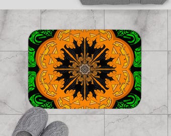 Pumpkin Mandala Bath Mat | Halloween Orange Green Floor Mat