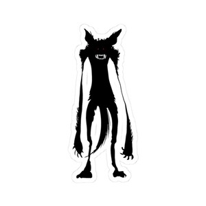 May include: A black and white sticker depicting a creature with a wolf-like head, sharp teeth, and long limbs. The creature has red eyes and a long tail. The sticker is on a white background.