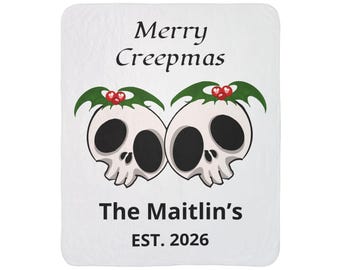 Merry Creepmas skulls with holly Fleece Sherpa Blanket | Personalized family name, EST. 2026
