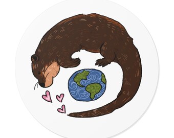 Otter Hugging Earth Sticker | Round Vinyl Sticker, Cute Wildlife Design