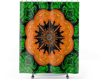 Pumpkin Kaleidoscope Shower Curtain | Halloween Orange Green Mandala