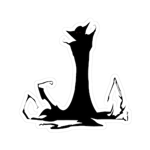 May include: Black sticker depicting a stylized silhouette of a creature with a tall, elongated body and outstretched arms. The creature has a pointed head and red eyes. The design is outlined in white, creating a striking contrast against the black form.