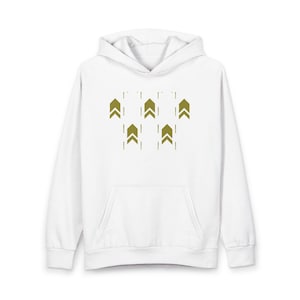 May include: A white long-sleeve hooded sweatshirt featuring a central graphic pattern of five olive green chevron shapes arranged in two rows, with small vertical lines flanking each chevron, and a large front kangaroo pocket.