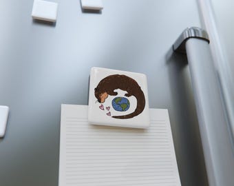 Otter Hugging Earth Porcelain Magnet | Square Animal Conservation Magnet