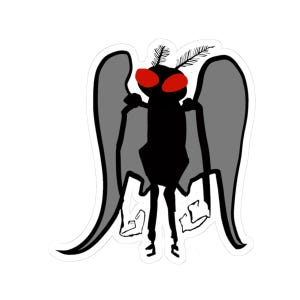 May include: A sticker depicting a black moth-like creature with large grey wings and red eyes. The insect has a simple, cartoonish design with white outlines.