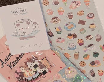 Set of 4 | Japanese Kawaii Food-Themed Cat Stickers and Mini Memo