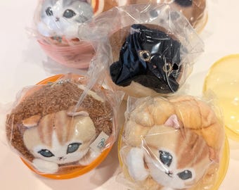May include: A collection of plush cat toys in clear plastic packaging, each nestled in a colorful plastic capsule. The cats vary in color, including gray, brown, and tan, with detailed facial features. The capsules are pink, orange, and yellow.