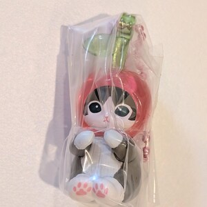 May include: A small cat figurine wearing a pink apple-shaped hood with a green leaf on top, encased in a clear plastic bag. The cat has black and white fur, large dark eyes, and visible pink paw pads on its front feet, attached to a pink chain.