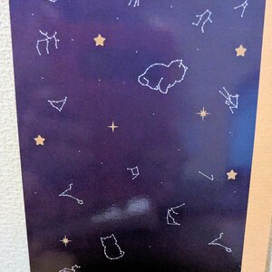 May include: A dark blue card featuring a celestial design with constellations and gold stars. Outlined cat shapes are incorporated into the constellation patterns. The top border has a decorative pattern of stars.