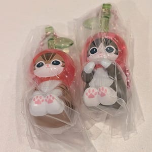 May include: Two cat figurines in clear plastic packaging, each wearing a red hood with a green leaf accent. One cat is brown tabby, the other is black and white. Both have white paws with pink paw pads and are attached to a pink ball chain keychain.