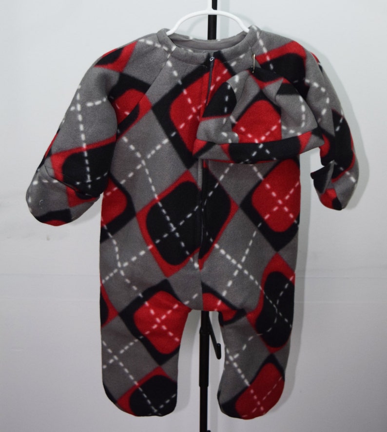 Baby Bunting with hat in Argyle in Grey and Black print fleece outerwear Red