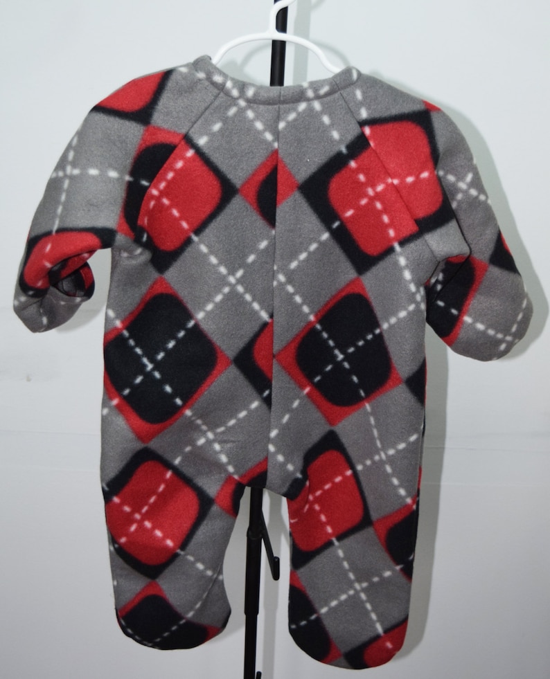 Baby Bunting with hat in Argyle in Grey and Black print fleece outerwear Red