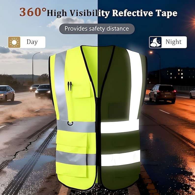 May include: High-visibility safety vest in bright yellow with reflective tape. Features pockets, pen holders, and a zipper closure. The image shows the vest's visibility in both day and night conditions, with text indicating 360&deg; visibility and safety distance.