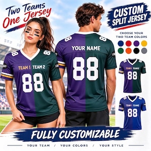 May include: A custom split jersey featuring a two-tone design with the number 88 on the front and back. The text reads Two Teams One Jersey, Custom Split Jersey, Your Name, Team 1, Team 2, and Fully Customizable. It includes color options.