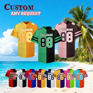 May include: A collection of custom football jerseys in various color combinations. Each jersey features a team name and number, with the number prominently displayed. The jerseys are split down the middle with contrasting colors. The text "CUSTOM ANY REQUEST" is at the top.