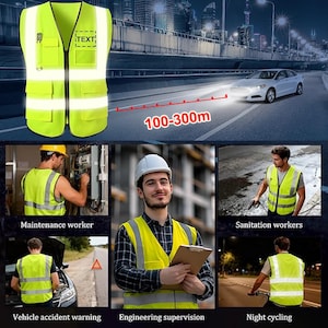 May include: A high-visibility safety vest in bright yellow with reflective stripes and pockets. The vest has the word "TEXT" printed on it. The image also shows the vest being used by maintenance workers, sanitation workers, and for night cycling.