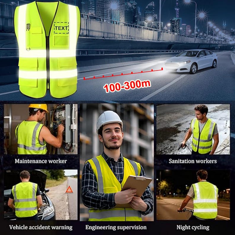May include: A high-visibility safety vest in bright yellow with reflective stripes and pockets. The vest has the word "TEXT" printed on it. The image also shows the vest being used by maintenance workers, sanitation workers, and for night cycling.