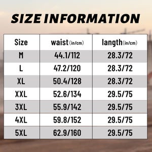 May include: A size chart with the text "SIZE INFORMATION" at the top. The chart lists sizes M to 5XL, with waist measurements in inches and centimeters, ranging from 44.1 inches (112 cm) to 62.9 inches (160 cm). Length measurements are also provided.