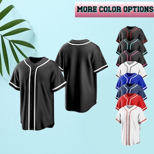 May include: Black baseball jersey with white trim and buttons, displayed with a back view and a selection of color options. The text "MORE COLOR OPTIONS" is visible at the top. Additional colors include gray, white, blue, and red.