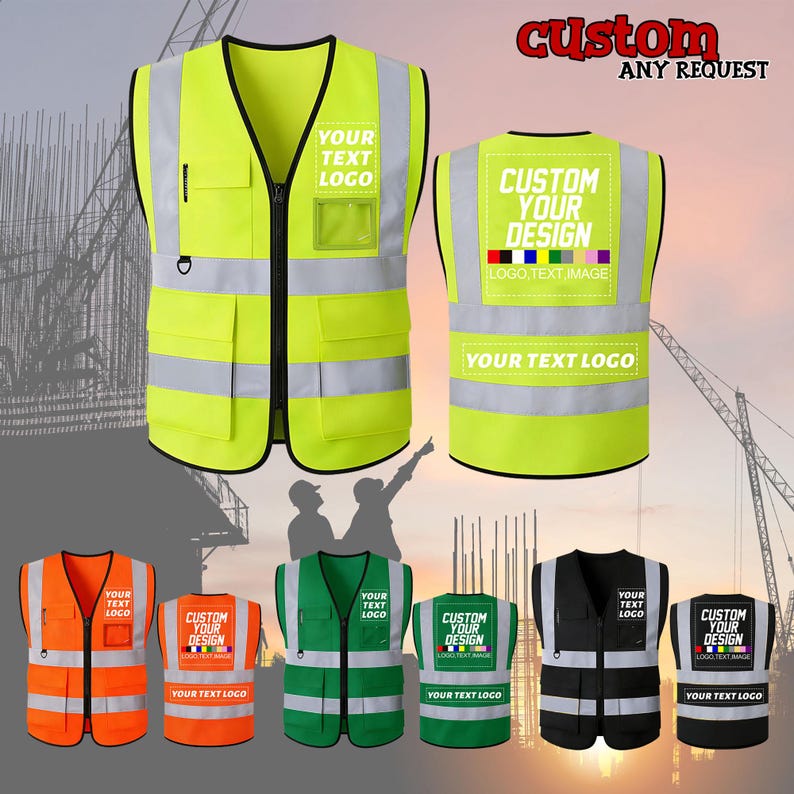 Custom Safety Vests, High Visibility Vests, Personalized Printed Your Logo Name Text Company Work Vest, Reflective Workwear for Men Women image 1