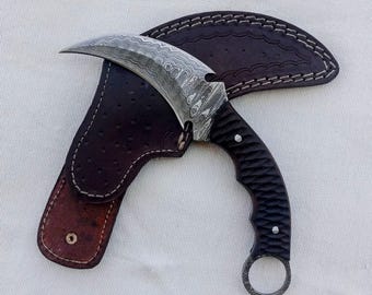 Handmade Damascus Karambit Knife: Full Tang Claw Blade, Leather Sheath | Customized Knife