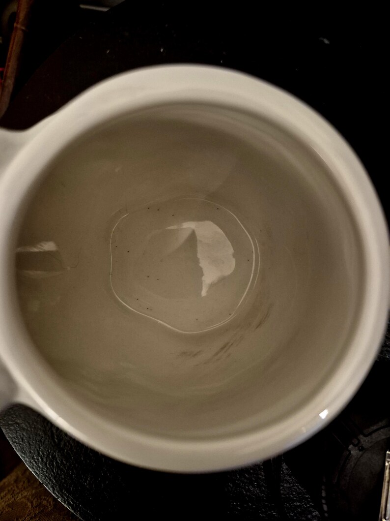 May include: A white ceramic mug with a handle, viewed from above. The interior of the mug is a light beige color, with a few dark specks visible. The mug is empty.