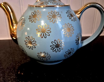Vintage Hall Teapot MCM Design Blue with Gold Daisy