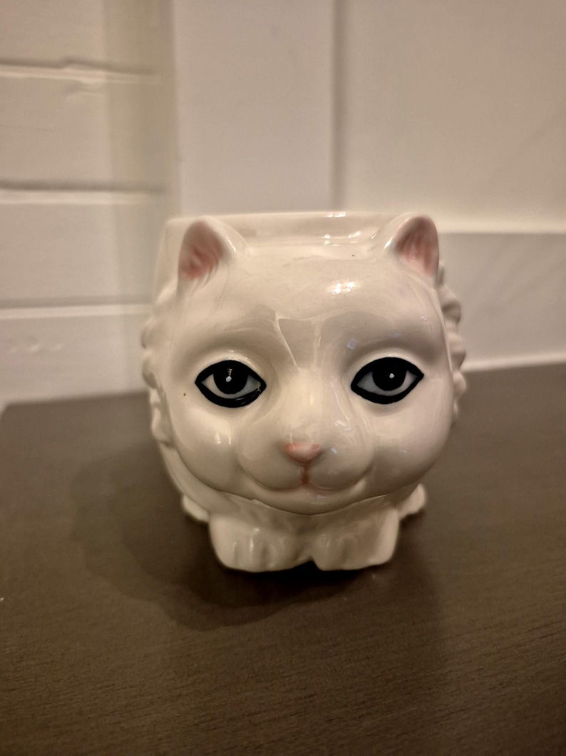 May include: A white ceramic cat-shaped planter with black eyes and a pink nose. The planter has a detailed design of a cat's face and paws. The cat planter is a decorative item for home decor.