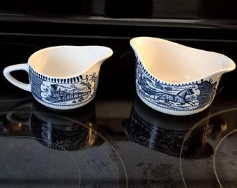 Vintage Royal China Currier & Ives ironstone Road-Winter gravy boat and creamer.