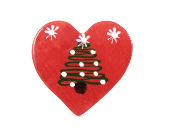 Vintage Keramische Kerstboom Hart Broche - Kerst sieraden - Kerst Broche
